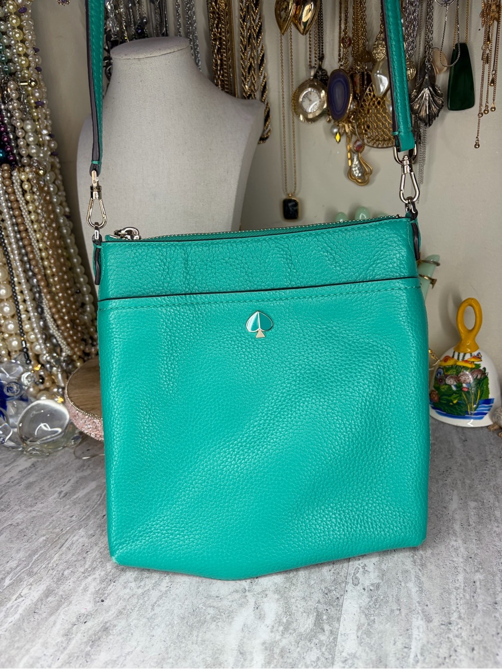 Leather Kate Spade Crossbody Purse Bag Teal Zip 8.5x8.5